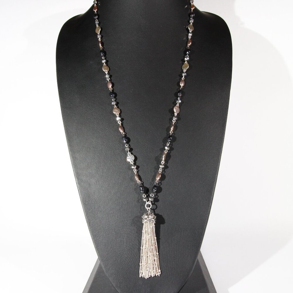 Nine West Long Gold, Gunmetal, and Silver Tone Tassel Necklace